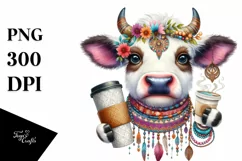 Funny Cow Holding Cup of Coffee | Boho Clipart Product Image 3