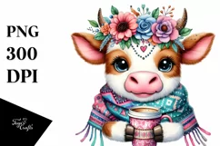 Funny Cow Holding Cup of Coffee | Boho Clipart Product Image 1