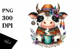 Funny Cow Holding Cup of Coffee | Boho Clipart Product Image 1