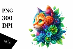 Abstract Vibrant Watercolor Kitten with Flowers and Leaves Product Image 3