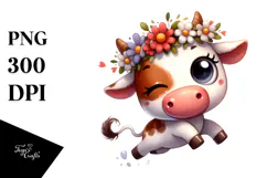 Cartoon Cow with Flower Crown PNG Product Image 1