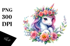 Baby Unicorn with Floral Wreath, Bright PNG Product Image 1