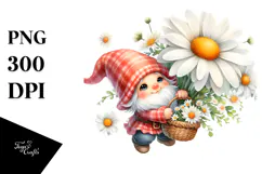 Watercolor Gnome with Large Daisy, PNG Product Image 1