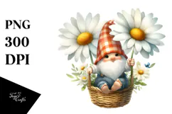 Watercolor Gnome with Large Daisy, PNG Product Image 1