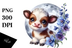White Background Highland Cow with Delphinium PNG Product Image 1