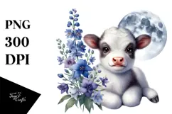 White Background Highland Cow with Delphinium PNG Product Image 1