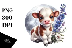 White Background Highland Cow with Delphinium PNG Product Image 1