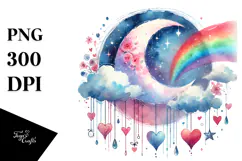 Simple Moon with Hearts, Watercolor PNG Product Image 1