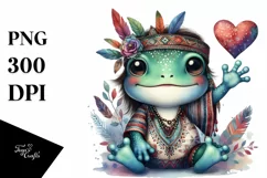 Boho Baby Frog Waving Holding Heart PNG Product Image 1