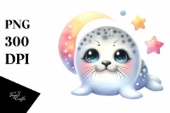 Colorful Baby Ringed Seal with Moon and Stars | Clipart Product Image 3