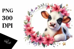 Cute Baby Hignland Cow with Azalea Floral Frame on Star PNG Product Image 1