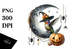 Watercolor Hummingbird Dressed for Halloween Sitting on Moon Product Image 1