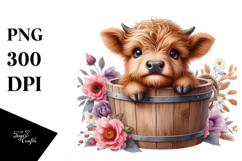 Cute Baby Highland Cow with Flowers PNG Product Image 1