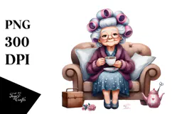 Old Lady Sitting with Hair Curlers and Tea Cup | Sublimation Product Image 1