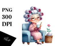 Old Lady Sitting with Hair Curlers and Tea Cup | Sublimation Product Image 1