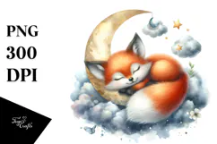 dDigital Watercolor with Baby Fox Sleeping on Moon Product Image 1