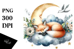 dDigital Watercolor with Baby Fox Sleeping on Moon Product Image 1