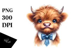 Baby Highland Cow with Bow and Tie, Playful Pose PNG Product Image 1