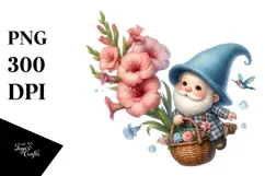 Cute Small Gnome with Large Gladiolus PNG Product Image 1