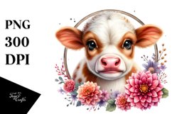 Highland Cow with Dahlia Floral Frame PNG Product Image 1