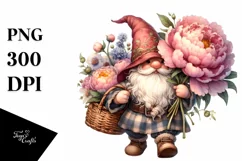 Detailed Watercolor Cute Gnome Basket Peonies | Clipart Product Image 3