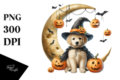 Halloween Puppy on Moon Watercolor PNG Product Image 1