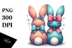 Colorful Retro Bunnies Sitting View from Back, Transparent Product Image 1