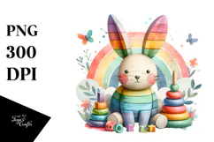 Colorful Bunny Made of Wood on Splashy Background, Product Image 1