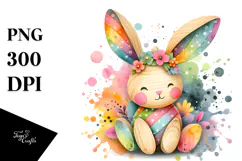 Colorful Bunny Made of Wood on Splashy Background, Product Image 1