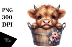 Baby Highland Cow in Wood Bucket PNG Product Image 3