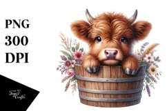 Baby Highland Cow in Wood Bucket PNG Product Image 1