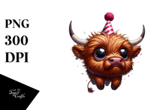 Highland Cow with Party Hat, Jumping Pose PNG Product Image 1