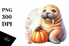 Cute Baby Walrus Holding Pumpkin PNG Product Image 3