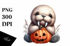 Cute Baby Walrus Holding Pumpkin PNG Product Image 1