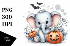 Cute Baby Elephant Holding Pumpkin PNG Product Image 1