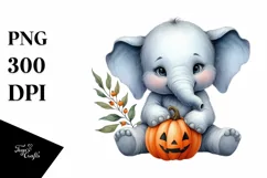 Cute Baby Elephant Sitting with Pumpkin, PNG Product Image 1