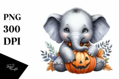 Cute Baby Elephant Holding Pumpkin PNG Product Image 3