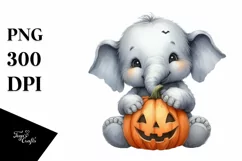 Cute Baby Elephant Holding Pumpkin PNG Product Image 3