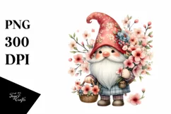 Detailed Watercolor Cute Gnome Basket Cherry Blossom | Product Image 1