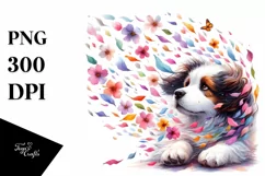 Colorful Dog Tumbling with Petals in the Wind | Clipart Product Image 1