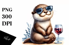 Funny Otter Holding Wine | Vibrant Watercolor Clipart Product Image 1