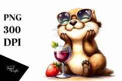 Funny Otter Holding Wine | Vibrant Watercolor Clipart Product Image 1