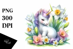 Cute Baby Unicorn with Narcissus | Sublimation | Clipart Product Image 1