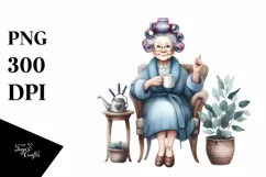 Old Lady Sitting with Hair Curlers and Mug | Sublimation | Product Image 1
