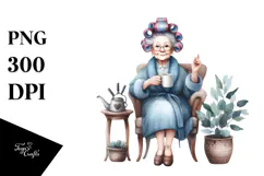 Old Lady Sitting with Hair Curlers and Mug | Sublimation | Product Image 1