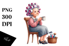 Old Lady Sitting with Hair Curlers and Mug | Sublimation | Product Image 1