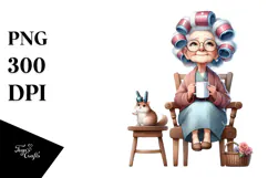 Old Lady Sitting with Hair Curlers and Mug | Sublimation | Product Image 1