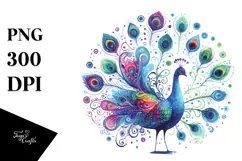 Vibrant Watercolor Wimsical Peacock | Clipart Product Image 1