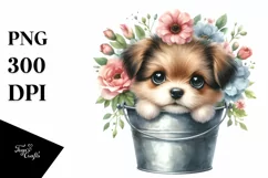 Cute Baby Dog in Bucket with Flowers Product Image 1