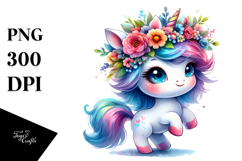 Cute Baby Unicorn Dancing with Floral Wreath PNG Product Image 1